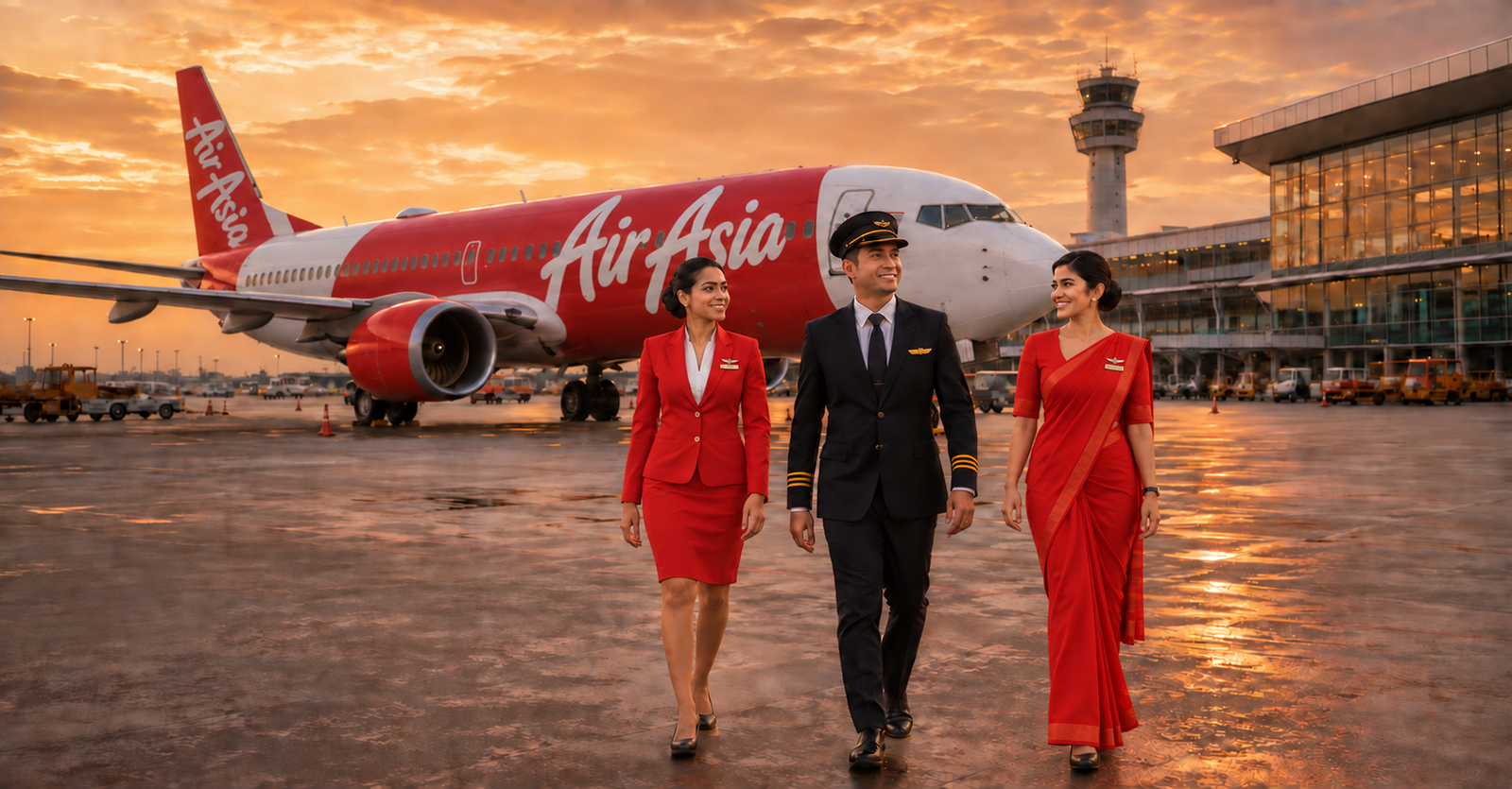 AirAsia aircraft and aviation professionals at an airport